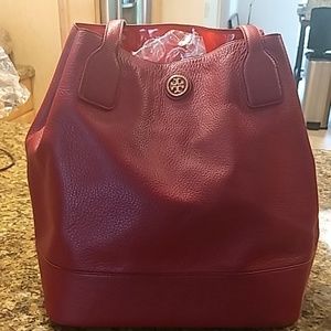 Tory Burch red pebbled leather tote
